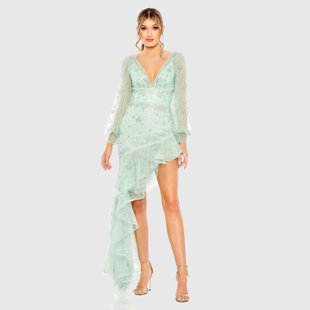 NWT $498 MAC DUGGAL GREEN V NECK EMPIRE SLEEVE HIGH LOW DRESS GOWN CRYSTALS